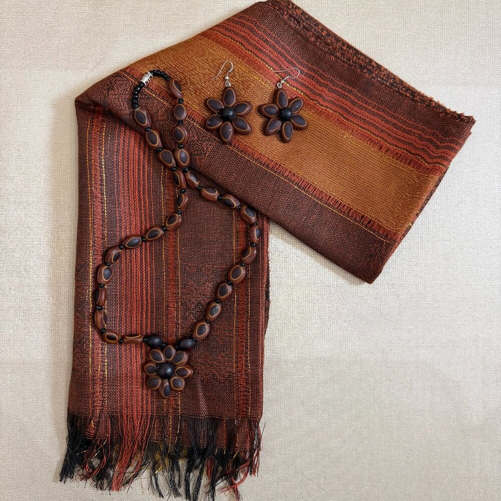 Orange Brown And Red Scarf And Brown And Black Tagua Earrings And Necklace Acces